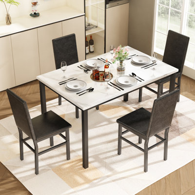 5-piece Faux Marble Dining Set,4 Upholstered Pu Chairs, Modern Kitchen Table Furniture For Dining Room,compact Space-saving Faux Marble Tabletop