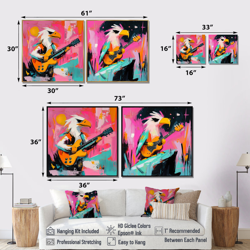 Pépinière, aigle jouant de la guitare I - aigle, art mural - ensemble d'art mural moderne 2 pièces, Noir, H 30 po x l 61 po