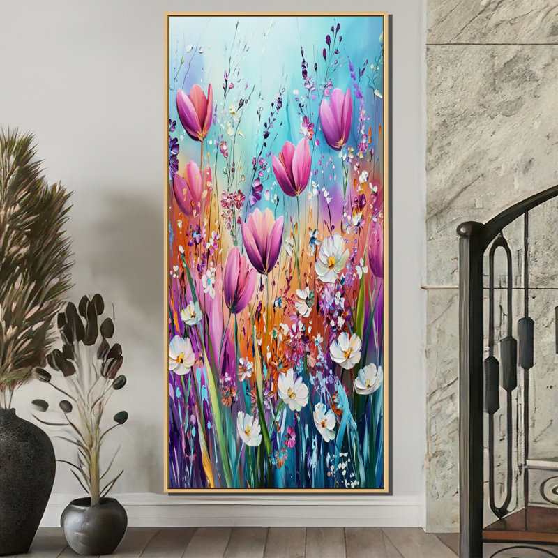 Fantaisie lavande et champ de tulipes VI - art mural encadré tulipes, H 60 po x l 28 po, Crème, crème