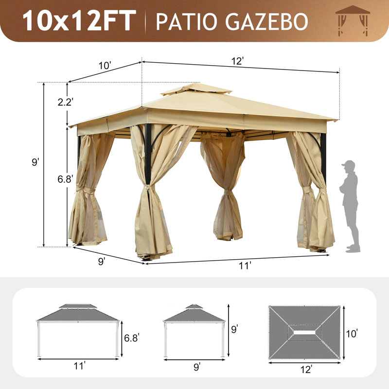 Pavillon de jardin extérieur 10 pi x 12 pi Roomfitter avec toits doubles, auvent, moustiquaire et écrans d'intimité pour l'ombre ou la pluie, beige