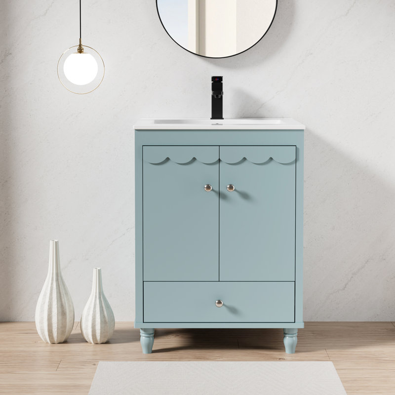 Sharee 24" Single Bathroom Vanity With Ceramic Sink Top, Faucet, Decorative Wavy Edge, Blue