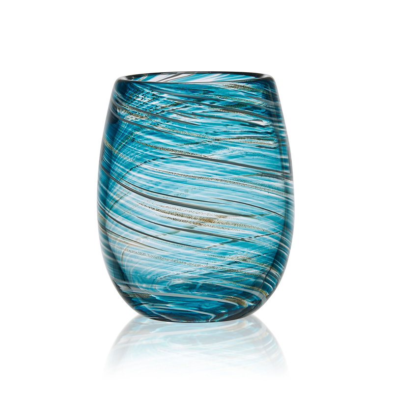 Color Swirl 16 oz. Stemless Wine Glasses, Clear/Blue