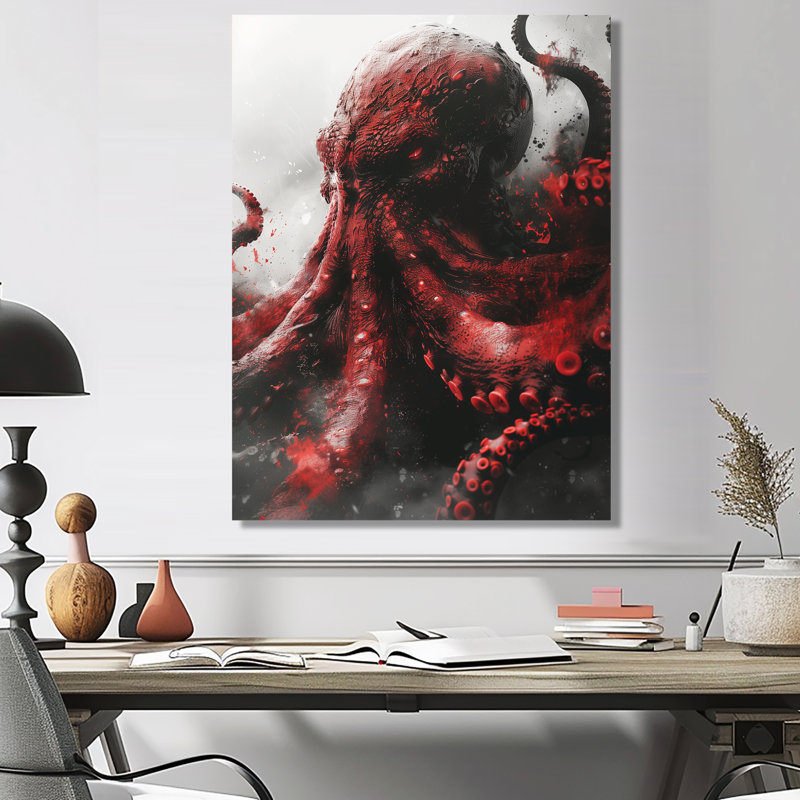 «Red Grey Kraken Mythical Creature III - Décoration murale créatures mythiques, Sans cadre, métal, H 32 po x l 16 po x P 1 po
