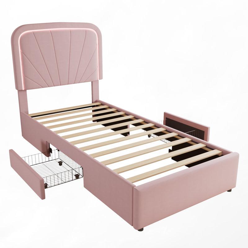 Upholstered bed WITH 2 DRAWERS VELVET PINK, 3FT