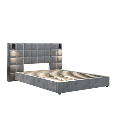 Upholstered Bed Frame with Reading Lights and Usb Charging, Velvet Platform Bed with Tufted Headboard, Gray, Queen