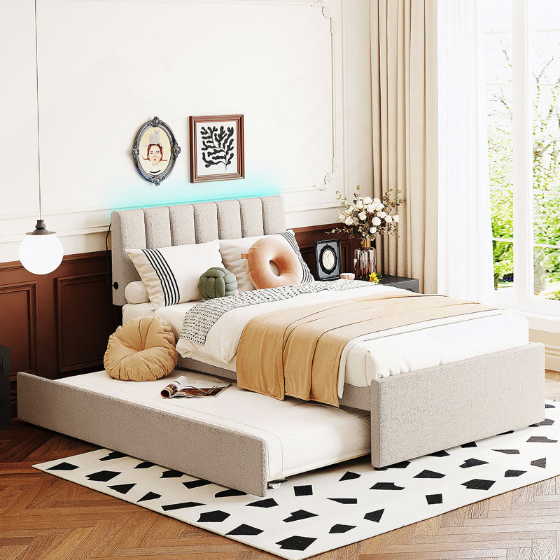 Lit plateforme tapissier simple avec lit gigogne Teddy, Beige, Twin