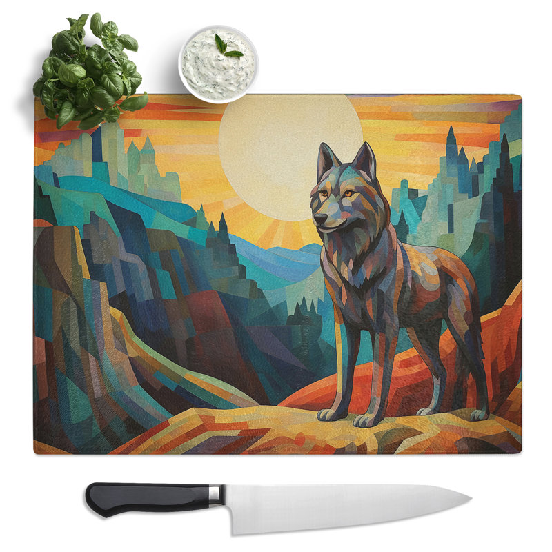 Wolf Art Deco  Glass Chopping Board