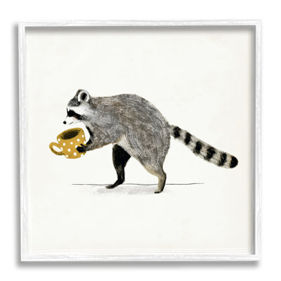 Stupell Industries Raccoon And Coffee Mug Framed On Wood By Victoria Barnes Graphic Art In Coastal White Framed Giclee