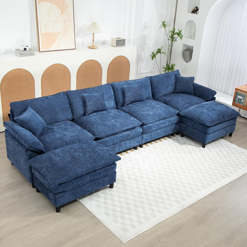 Upholstered U-Shape Sectional With Two Ottomans, Blue Chenille, 34.6" H x 146.5" W x 57.8" D