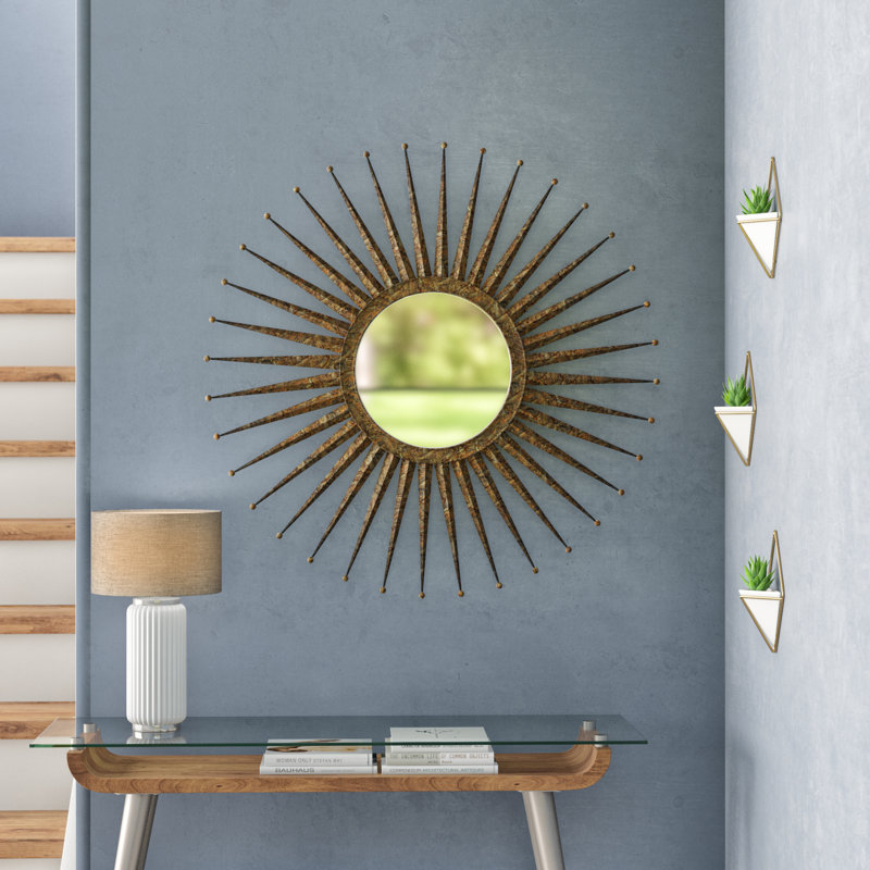 Miroir mural en métal doré pour décor de salon moderne Mid-Century, H 46 po x l 46 po