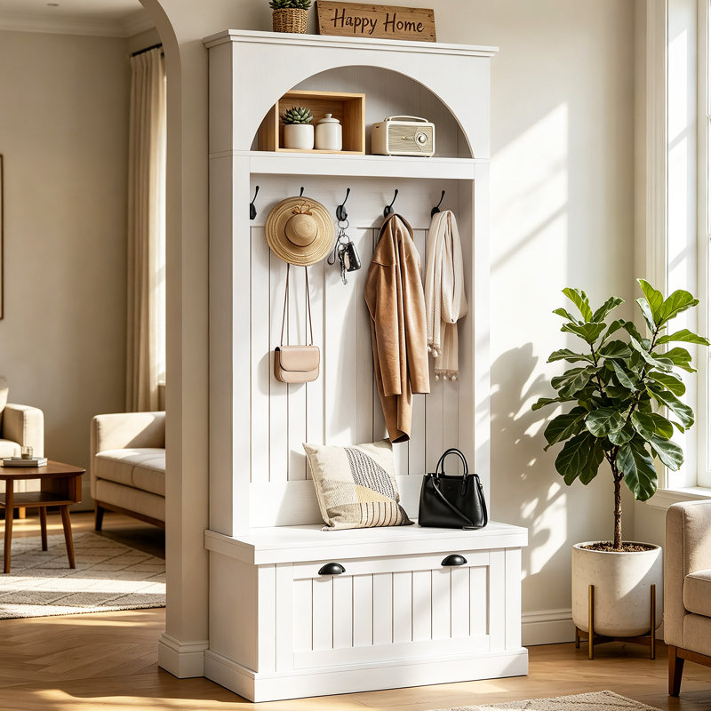 Arbre d'entrée avec banc et rangement pour chaussures Farmhouse, blanc, l 32,7 po x H 76,8 po