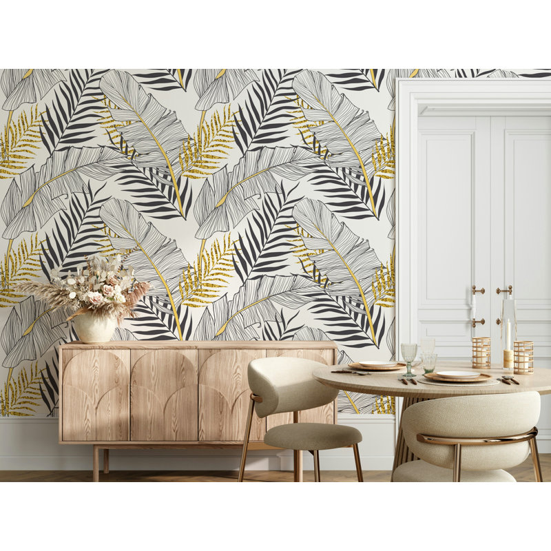 Papier peint à feuilles de palmier noir et blanc avec accents dorés, L 100 po x l 150 po
