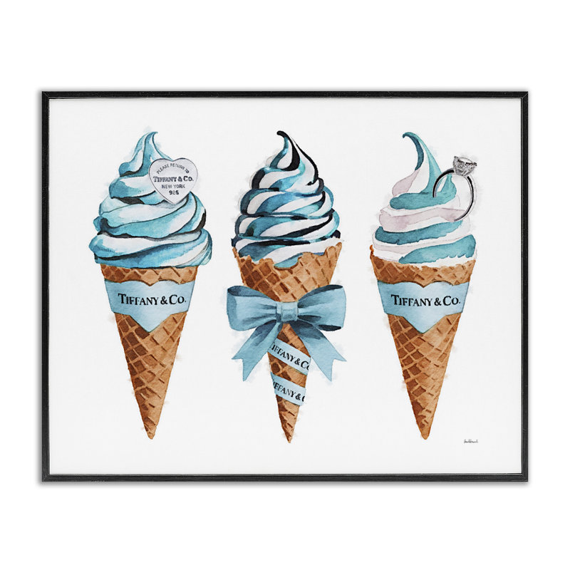 «Blue Glam Ice Cream Cones», dessin par Amanda Greenwood, H 11 po x l 14 po, Giclée encadrée noir minuit