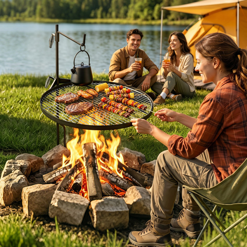 Heavy Duty Swivel Campfire Grill, 24.4" Round Portable Camping Grill Grate, Sturdy Steel BBQ Mesh, 360° Height Adjustable Over Fire Pit with Support Rod, for Outdoor Open Flame Cooking, Black
