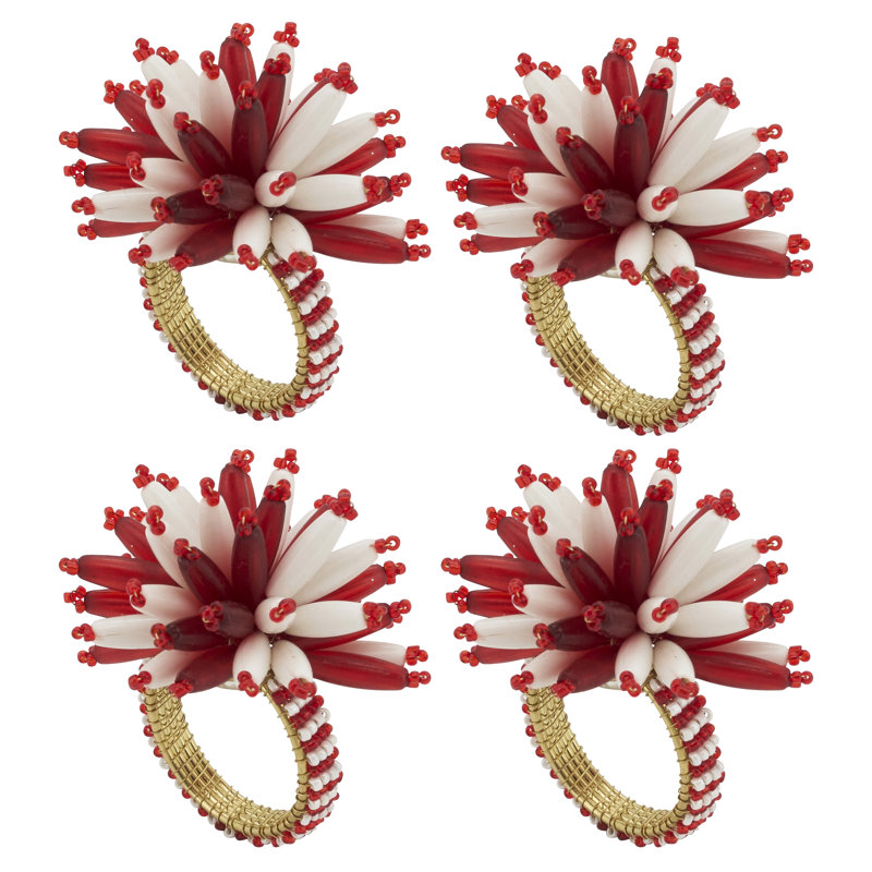 Elegant Red and White Beaded Napkin Rings Set of 4
