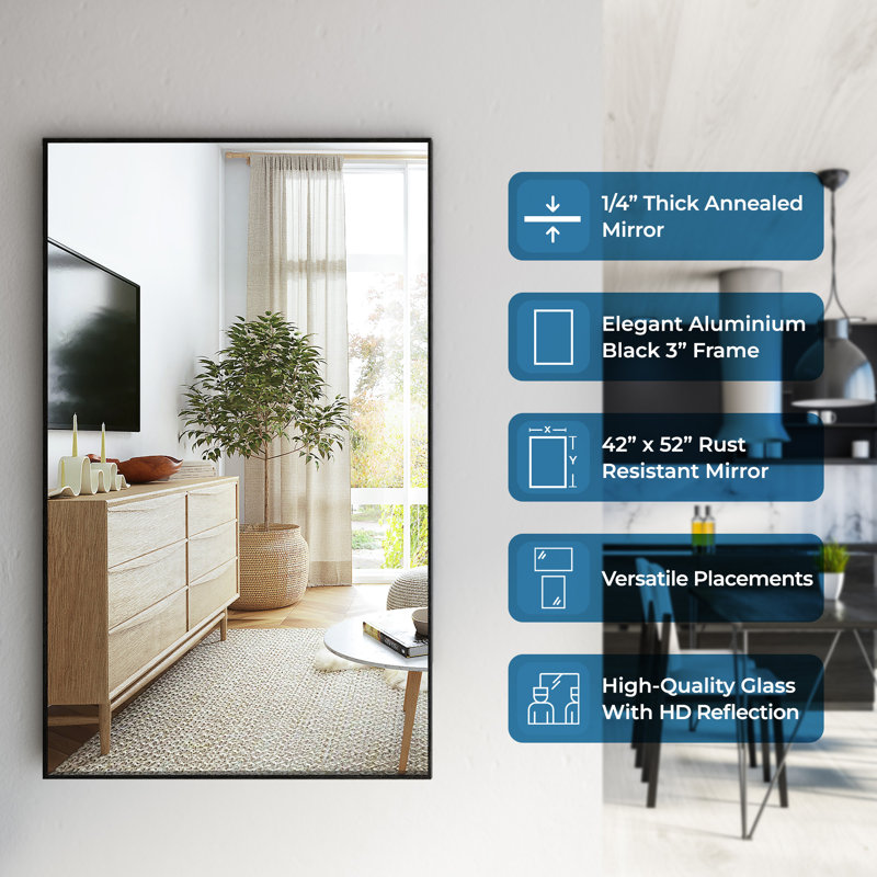 Fab Glass and Mirror Full Length Mirror 52x42 Inch Rectangle Floor Mirror with 3 Inch Black Frame, 1/4" Thick Standing Mirror Full Length, Wall Mirror Full Length, Mirrors for Bedroom, Living Room
