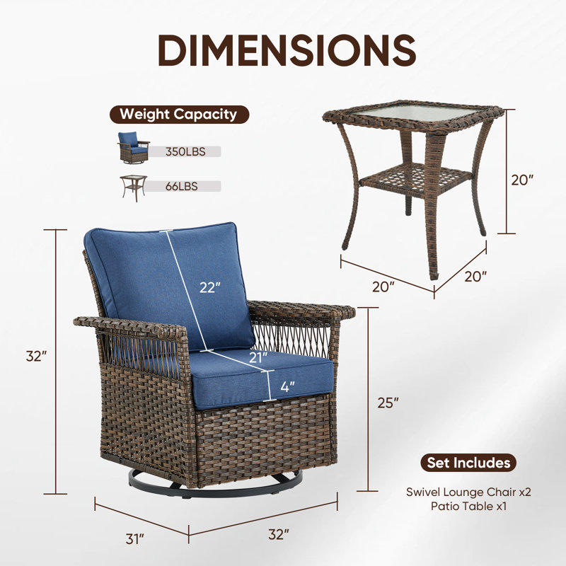 Tapash Emilka Outdoor Wicker Swivel Glider Chairs Set Of 2 With Cushions & Wicker Glass Side Table  Stylish Rattan Rocking Chairs For Relaxing On Patios, Decks, And Gardens