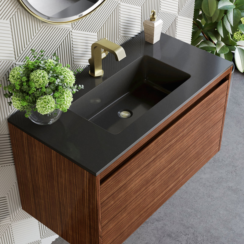 Mantova 35.5'' W Single Vanity, Charcoal Black, Mid Century Walnut/Champagne Brass