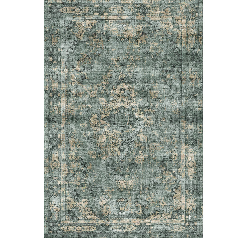 Vintage Boho Distressed Machine Washable Area Rug In Green/Beige, 5' X 7'