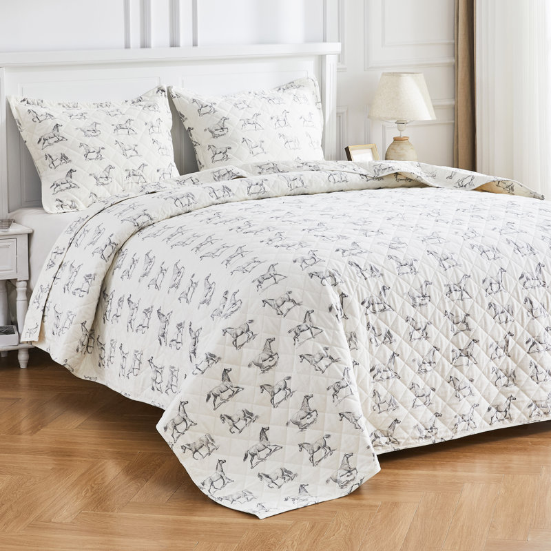 HORSE FLANNEL COTTON QUILT SET, Twin Quilt + 1 Sham