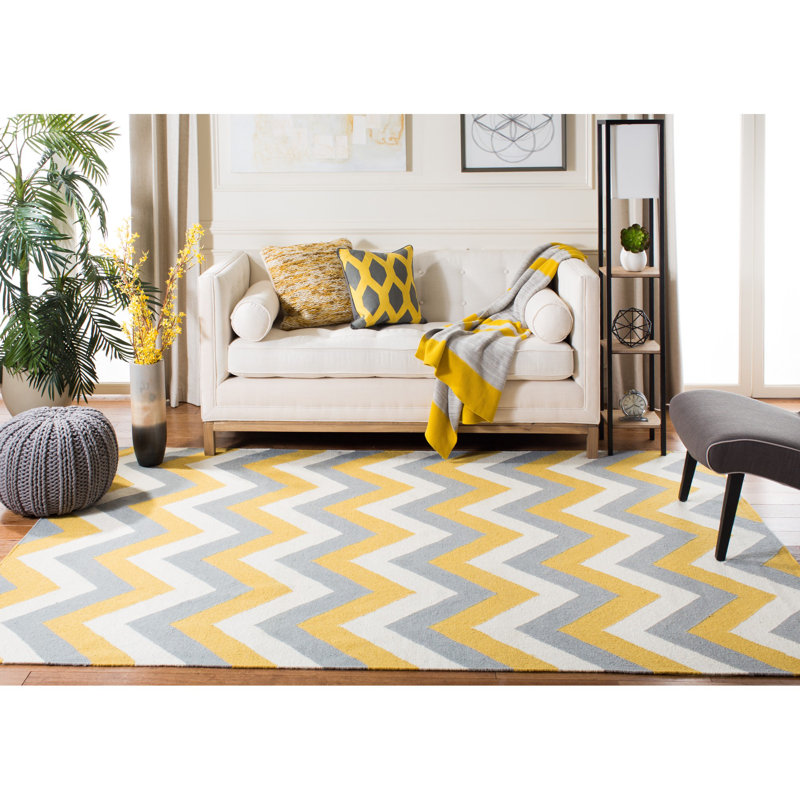 Rodgers Hand Woven Flat Weave Wool/Cotton Chevron Rug in Ivory/Gold/Gray, Rectangle 8' x 10'