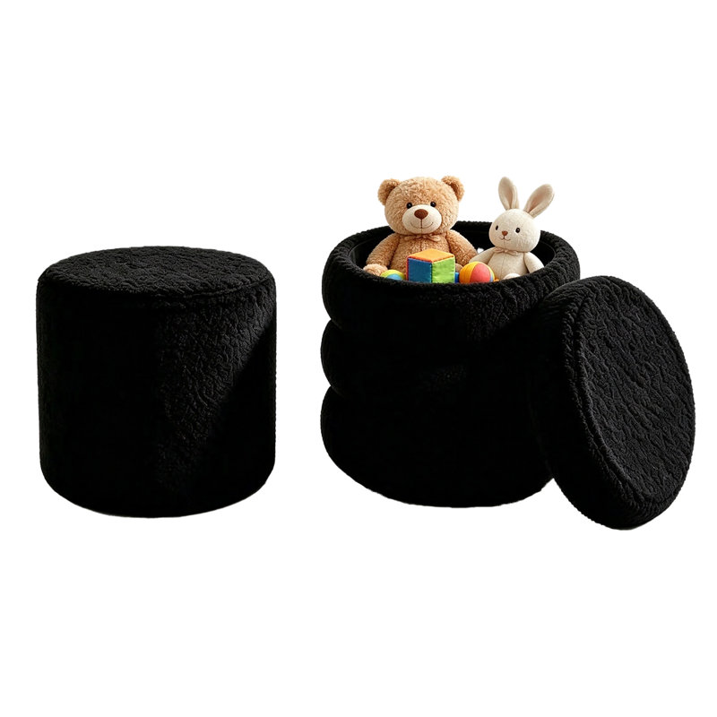 2 Piece Modern Boucle Round Storage Ottoman Set, Multi-Functional Upholstered Vanity Stool with Removable Lid, Accent Seats & Footrests for Bedroom, Living Room & Entryway
