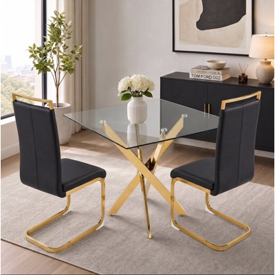 3-Piece Modern Square Glass Dining Set with Geometric Frame and Cantilever Chairs