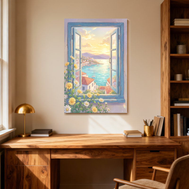Plantes et fleurs, vue de fenêtre, ville côtière, coucher de soleil, fleurs, H 40 po x l 28 po