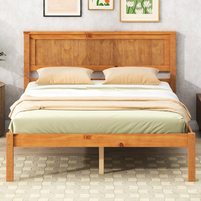 Lit plateforme double avec tête de lit de soutien - base à lattes de bois, sans sommier, cadre de couleur chêne