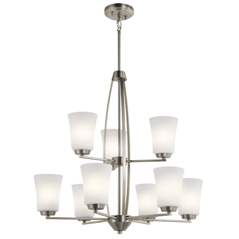 Lustre 9 lumières à abat-jour Tao, Nickel brossé