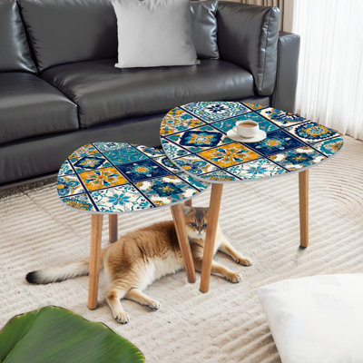 Ensemble de 2 tables gigognes triangulaires en patchwork indien Talavera Azulejos, ornement turc, table de bout marocaine, table d'appoint moderne et minimaliste pour salon, chambre à coucher
