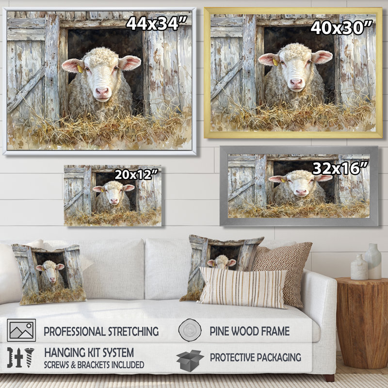 Portrait de vache et mouton à la grange III - impressions sur toile de vache, H 12 po x l 20 po, Cadre flottant, Crème, crème
