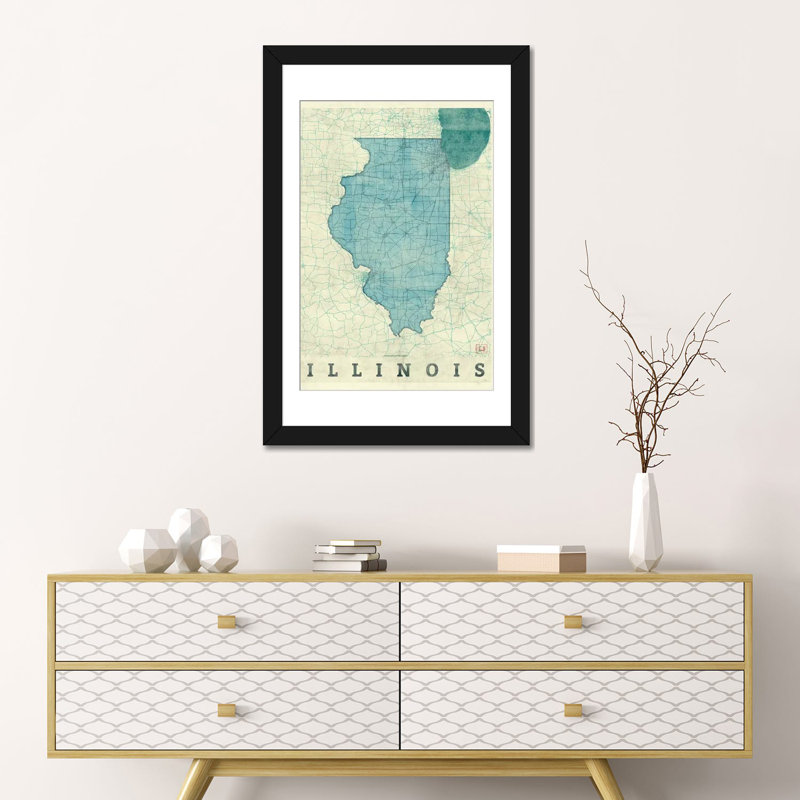 « illinois map », impression sur toile, Papier avec cadre noir, H 24 po x l 16 po x P 1 po, Blanc
