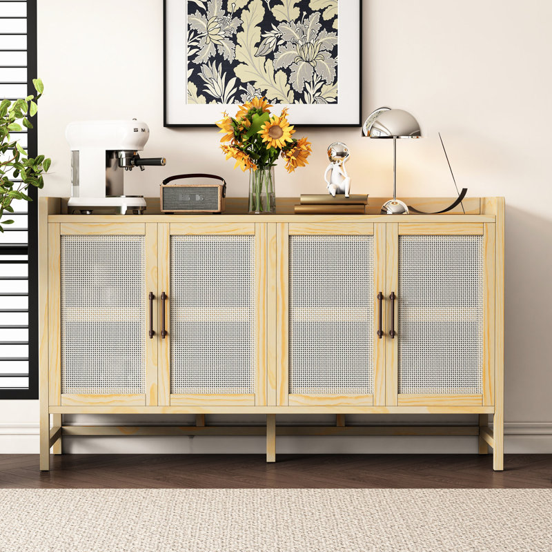 Natural Tone Sideboard With Adjustable Shelves And Pine Wood Home Entertainment Inlays Storage, Natural
