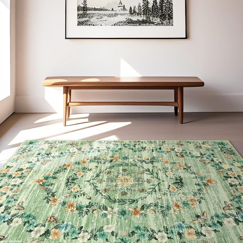 Area Rug 5x7 Washable Area Rug, Low Pile Vintage Floor Carpet, Foldable Thin Rug, Non-Slip Accent Rug, Indoor Distressed Floral Print Rug for Bedroom, Living Room, Office, Beige Brown