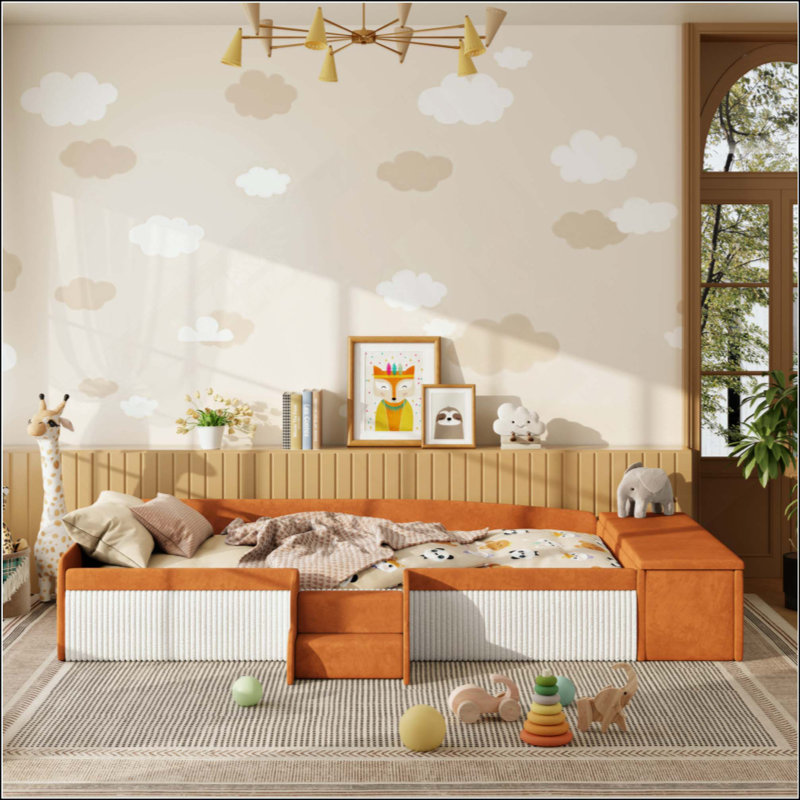 Velvet Upholstered Daybed With Stairs & Gas Lift Storage Ottoman, Contrast Color, Padded Guardrails, Brown/White, Twin