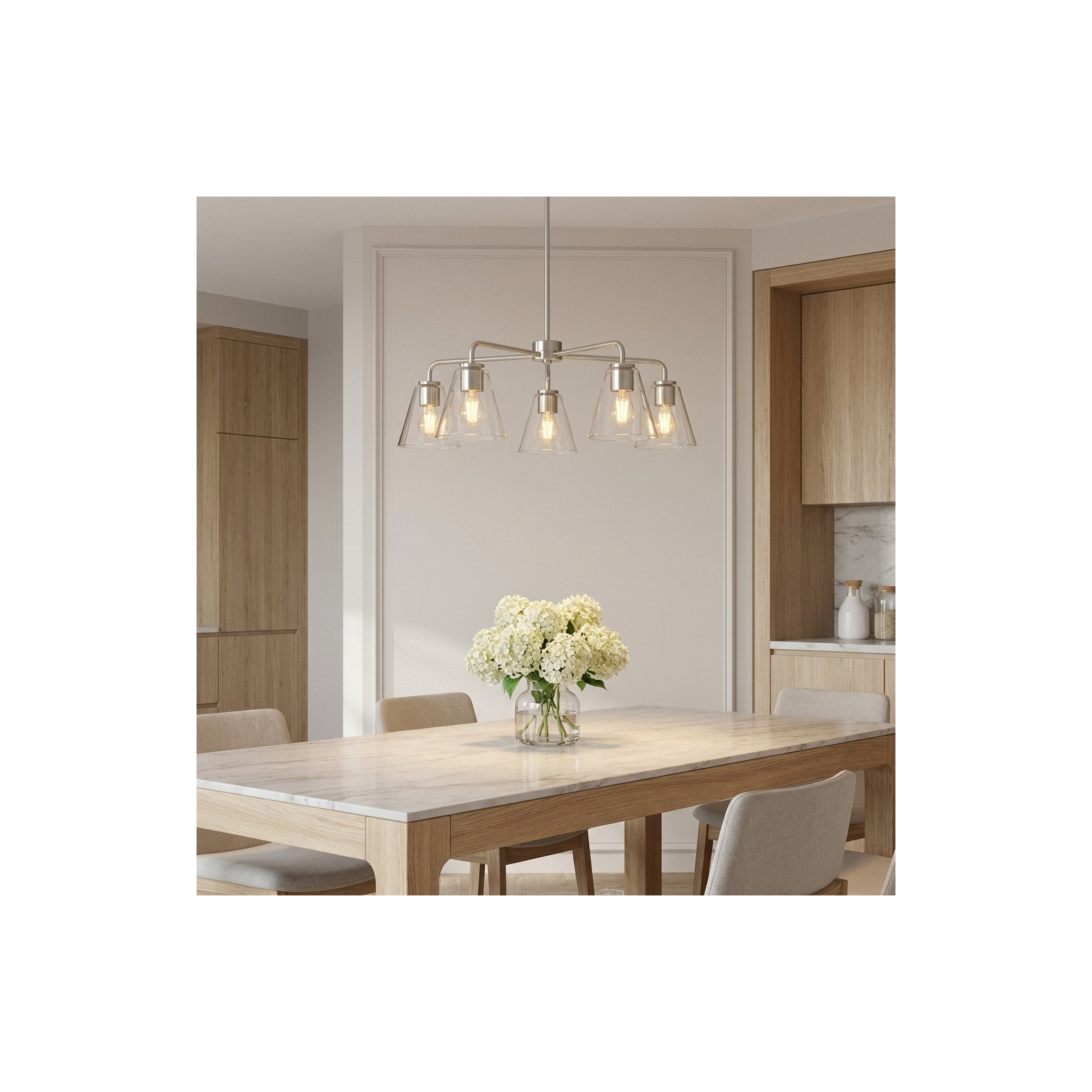 Hayden Five Light Chandelier, Clear, Brushed Nickel