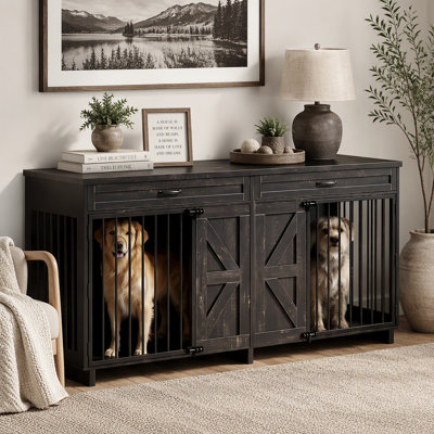 Meuble télé en forme de cage pour chien avec tiroirs de rangement et portes coulissantes de style grange