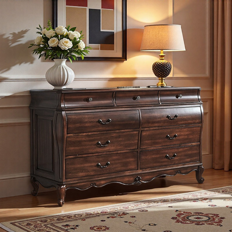 Buffet multi-tiroirs de style rétro, Noyer, H 37,8 po x l 62,99 po x P 17,72 po