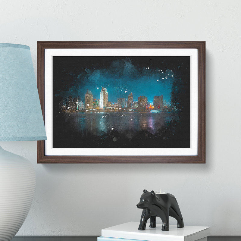 San Diego Skyline At Dusk - Picture Frame Graphic Art, 45cm H x 63cm W x 2cm D, Walnut Framed