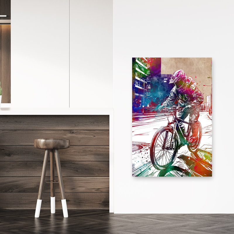 «Vibrant Street Biker Contemporary Architecture City», art mural, 48" H x 32" W