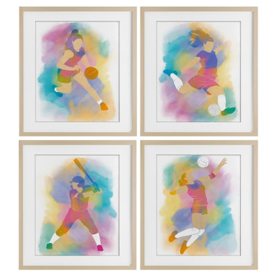Ensemble de 4 impressions colorées pour femmes Sports encadrées sous verre, design par Marcus Prime