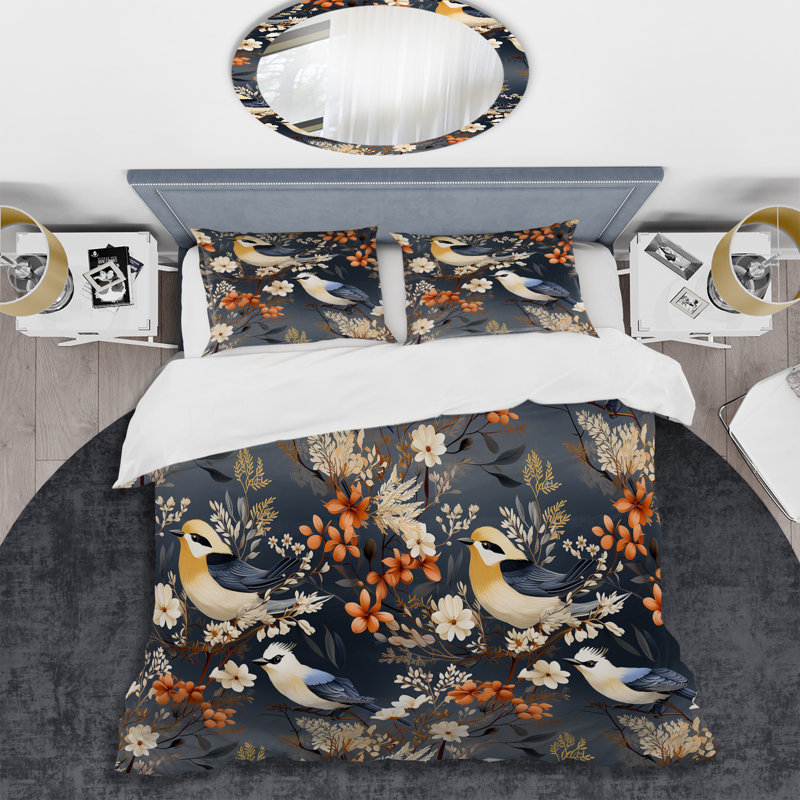 Blooming Scandinavian Bird Elegance II - Ensemble de housse de couette à motif floral