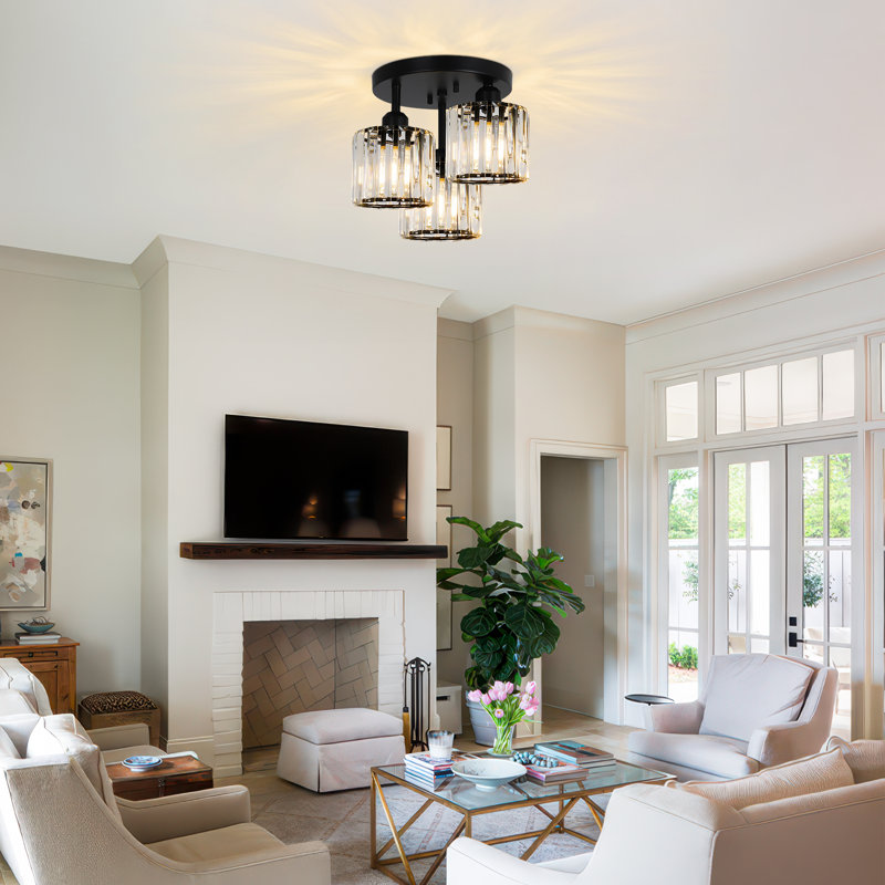 Modern Crystal Ceiling Light Fixtures, 3 - Light Semi Flush Mount Ceiling Light With Clear Crystal Shade, Matte Black