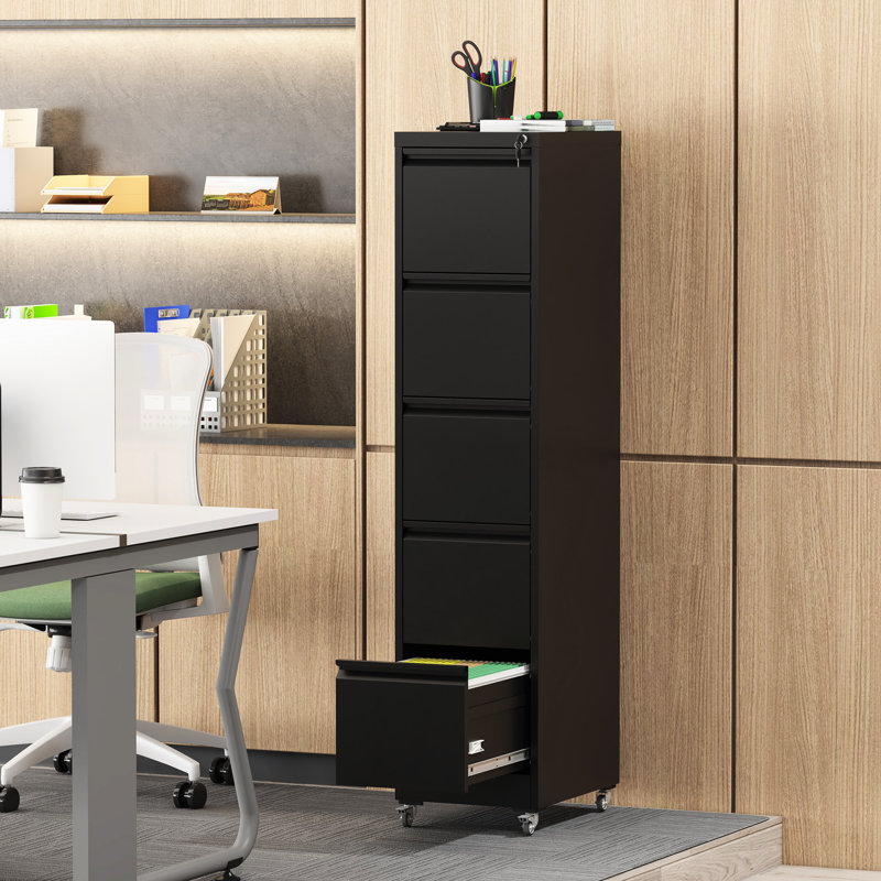 5 Drawer Metal Vertical File Cabinet With Lock And Wheels For Home Office, Adjustable Hanging Rods A4/Letter/Legal Size, Full - Retractable Slides, Construction In Black Wheels, Ample Room Smooth