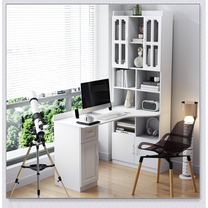 Bureau d'ordinateur de coin en L pour bureau à domicile ou bureau, style moderne avec tiroirs, bibliothèque et huche, conception 2 en 1, grand espace de travail