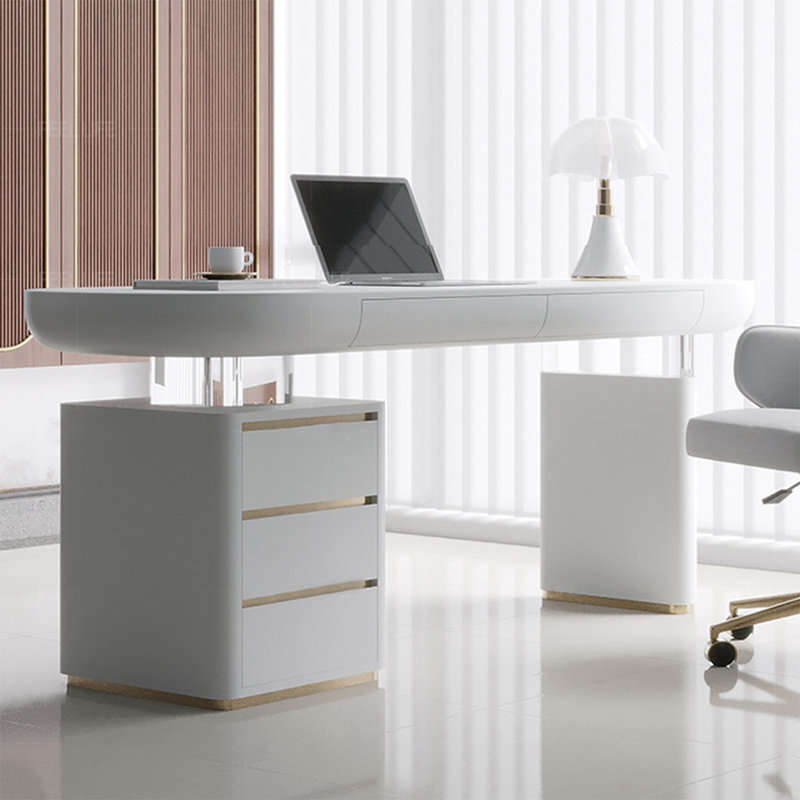 Bureau blanc rectangulaire en bois manufacturé avec 5 tiroirs, H 29,53 po x l 55,12 po x P 23,62 po