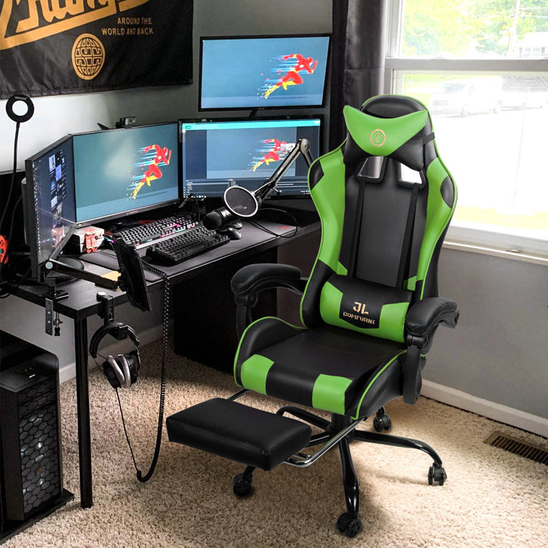Footrest Gaming Chair with Lumbar Pillow Massage Function, Green/Black