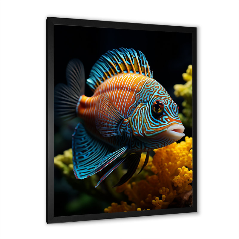 " Corals Butterflyfish Aquamarine Adventure ", 32" H x 16" W x 1" D, Black Single Picture Framed