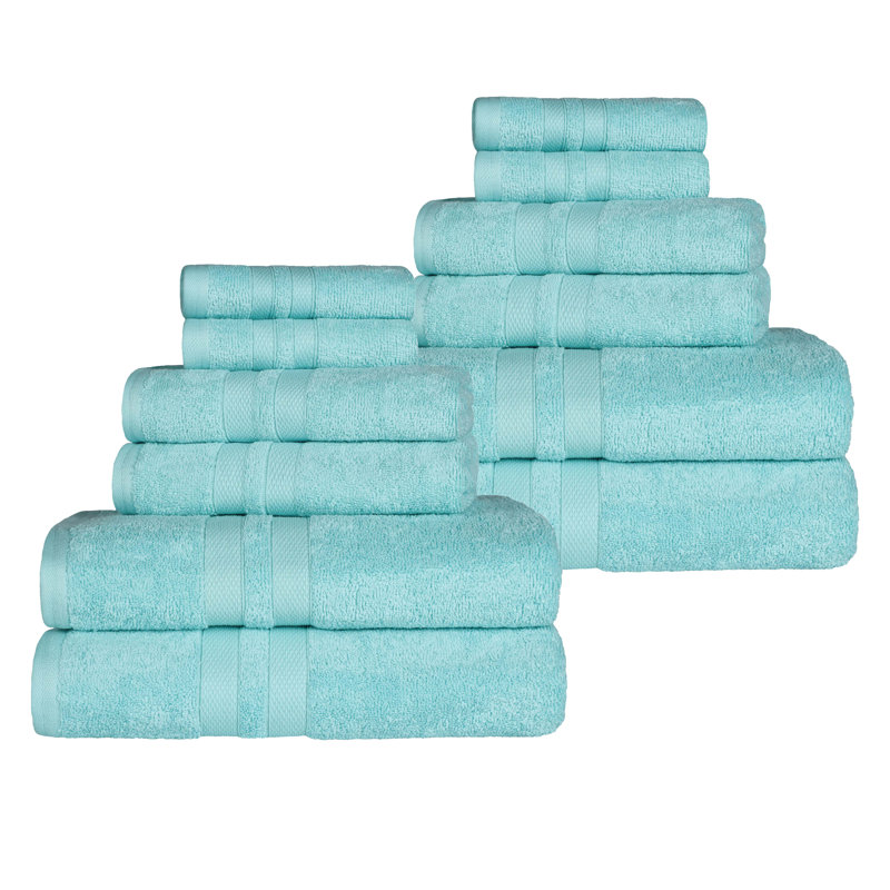 Ultra-Soft Cotton Solid Double Line Dobby Border Quick-Drying 12 Piece Assorted Towel Set, Cyan
